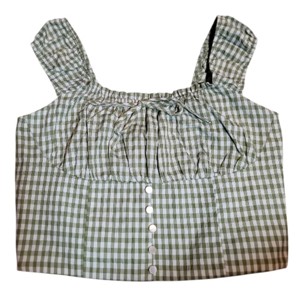 Camisole top gingham green white square neckline feminine garden girl Y2K
